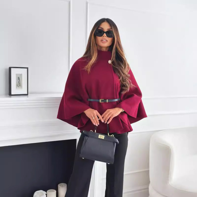 New Stand Collar Batwing Sleeves Cloak Top With Belt Woolen Sweater
