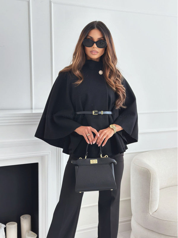 New Stand Collar Batwing Sleeves Cloak Top With Belt Woolen Sweater