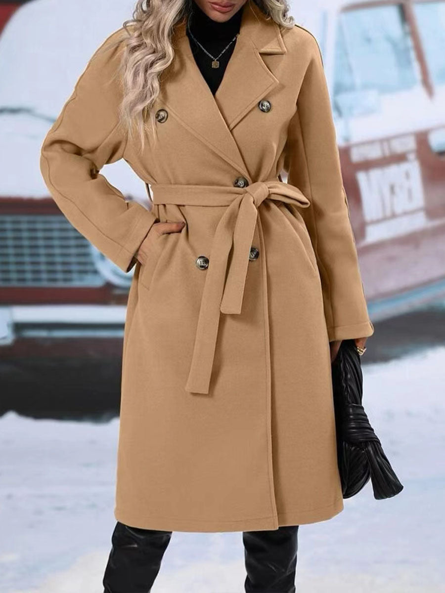 Long Overcoat Lapel Double-Breasted Trench Coat With Waist Belt