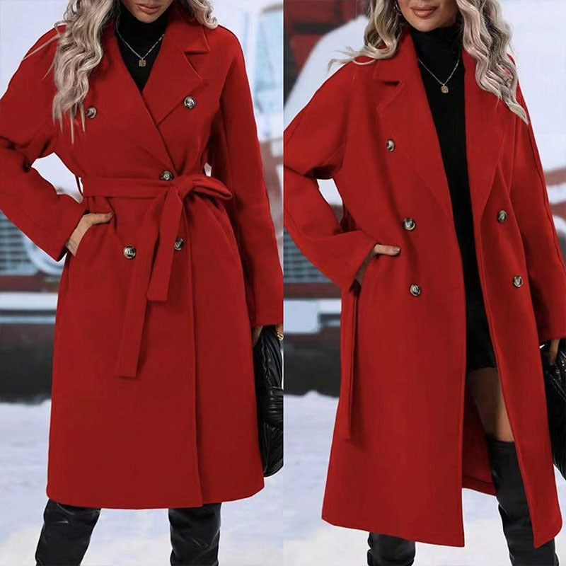Long Overcoat Lapel Double-Breasted Trench Coat With Waist Belt