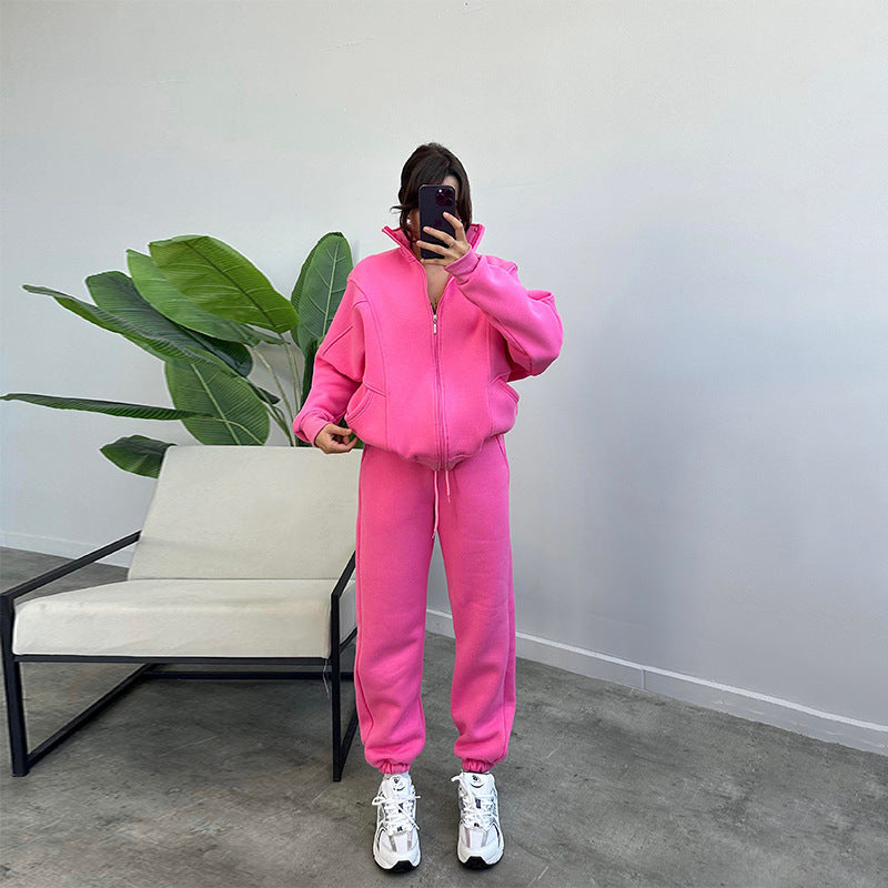 Stan Up Collar Jogger Set With Zipper Cardigan And Drawstring Trousers