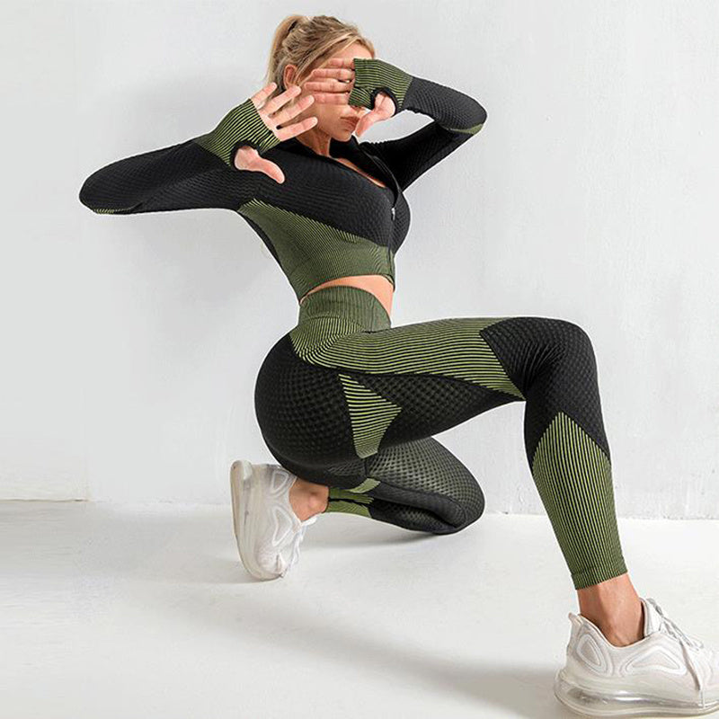 3PCS Gym Tracksuit Set With Leggings Crop Top Sports Bra