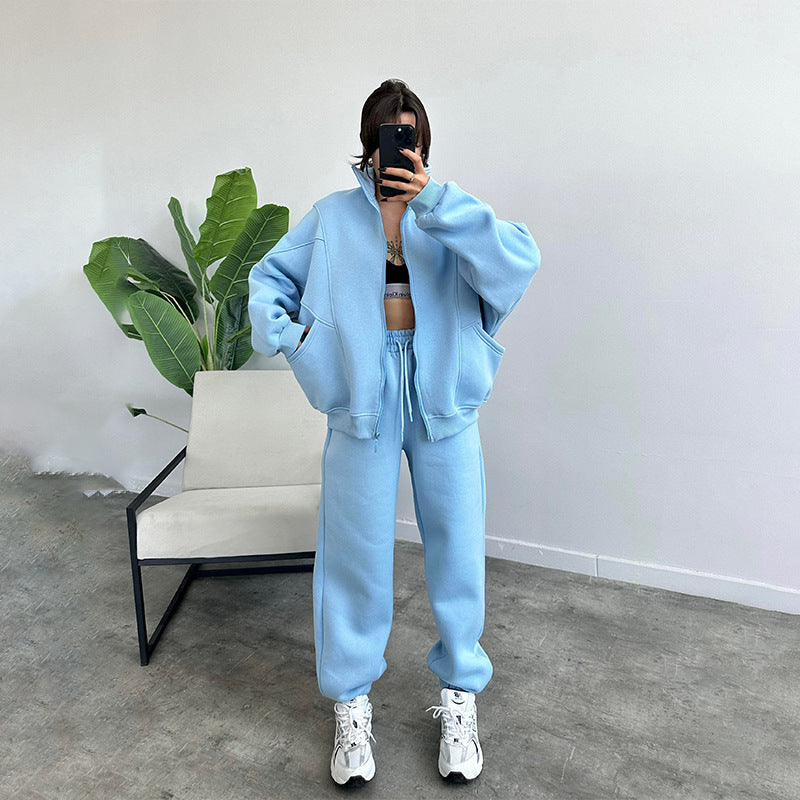Stan Up Collar Jogger Set With Zipper Cardigan And Drawstring Trousers