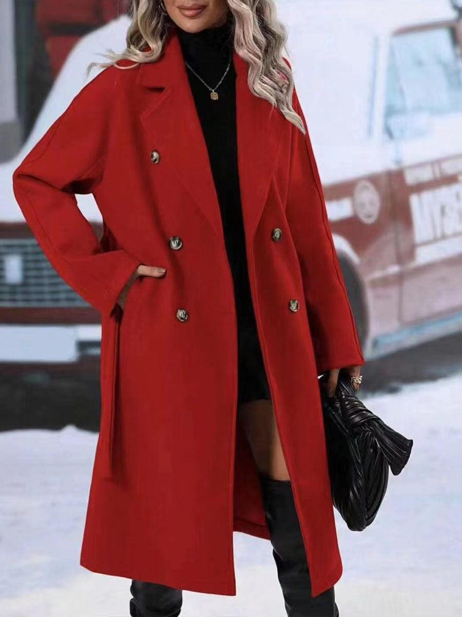 Long Overcoat Lapel Double-Breasted Trench Coat With Waist Belt