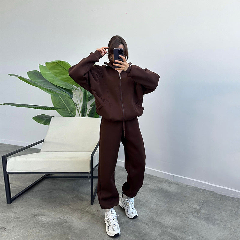 Stan Up Collar Jogger Set With Zipper Cardigan And Drawstring Trousers
