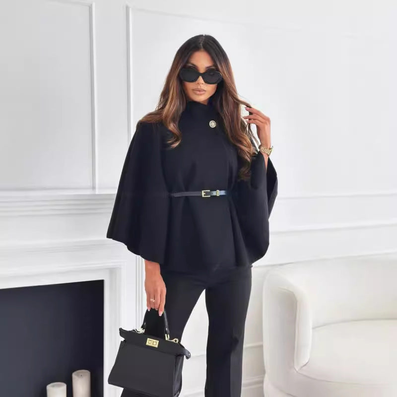 New Stand Collar Batwing Sleeves Cloak Top With Belt Woolen Sweater