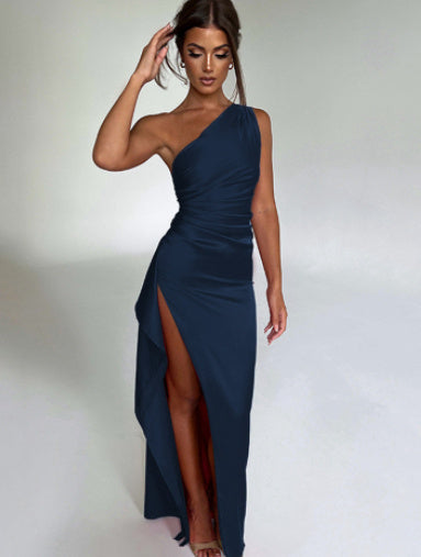 One shoulder With Open Backless High Slit Detail Silk Satin Maxi