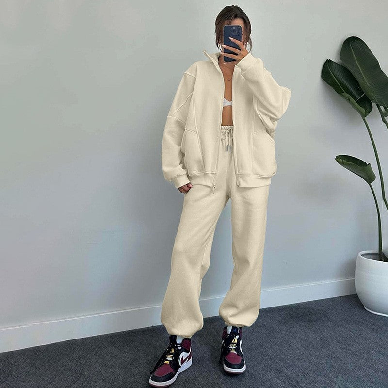 Stan Up Collar Jogger Set With Zipper Cardigan And Drawstring Trousers