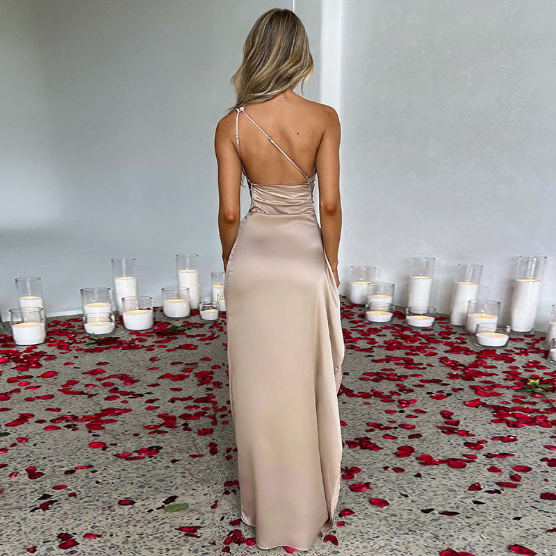 One shoulder With Open Backless High Slit Detail Silk Satin Maxi