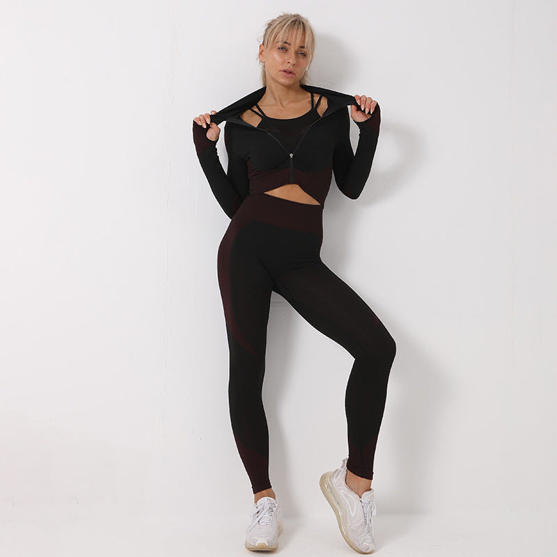3PCS Gym Tracksuit Set With Leggings Crop Top Sports Bra