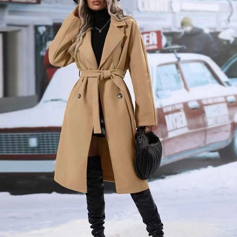Long Overcoat Lapel Double-Breasted Trench Coat With Waist Belt