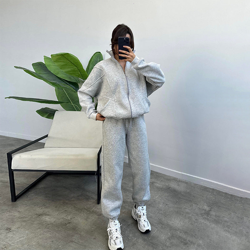 Stan Up Collar Jogger Set With Zipper Cardigan And Drawstring Trousers