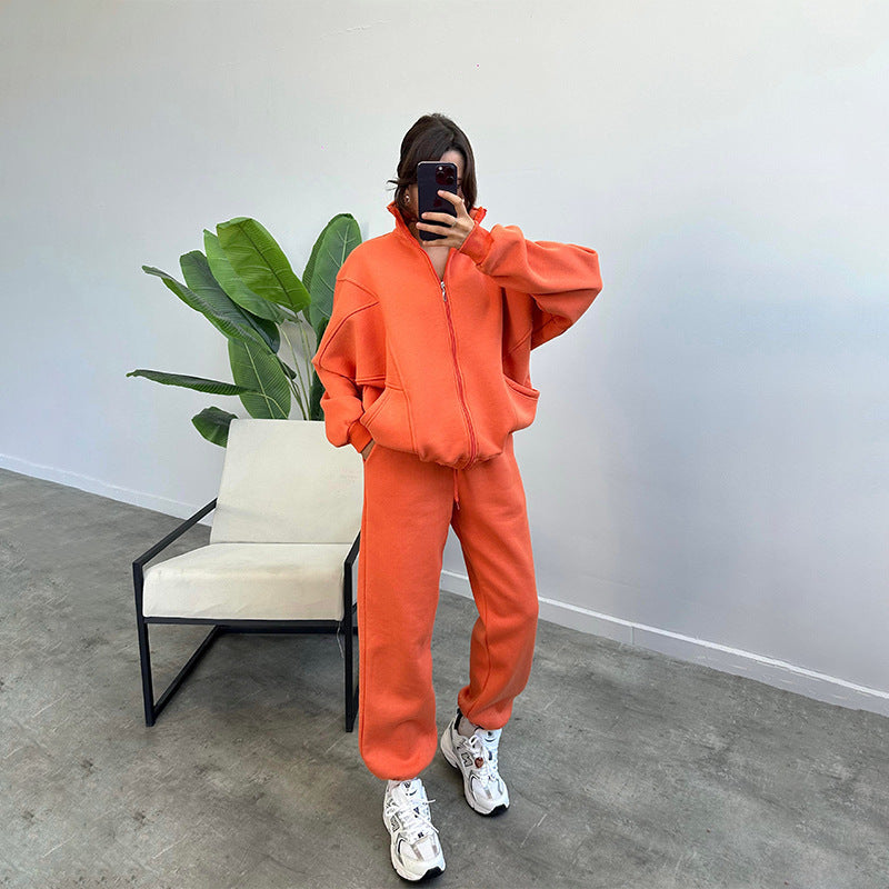 Stan Up Collar Jogger Set With Zipper Cardigan And Drawstring Trousers