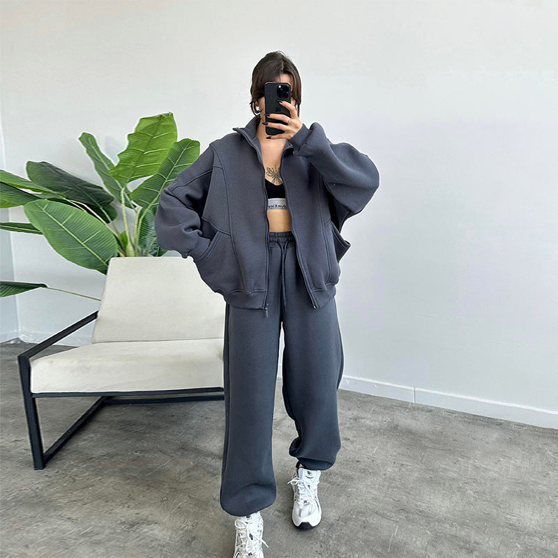 Stan Up Collar Jogger Set With Zipper Cardigan And Drawstring Trousers