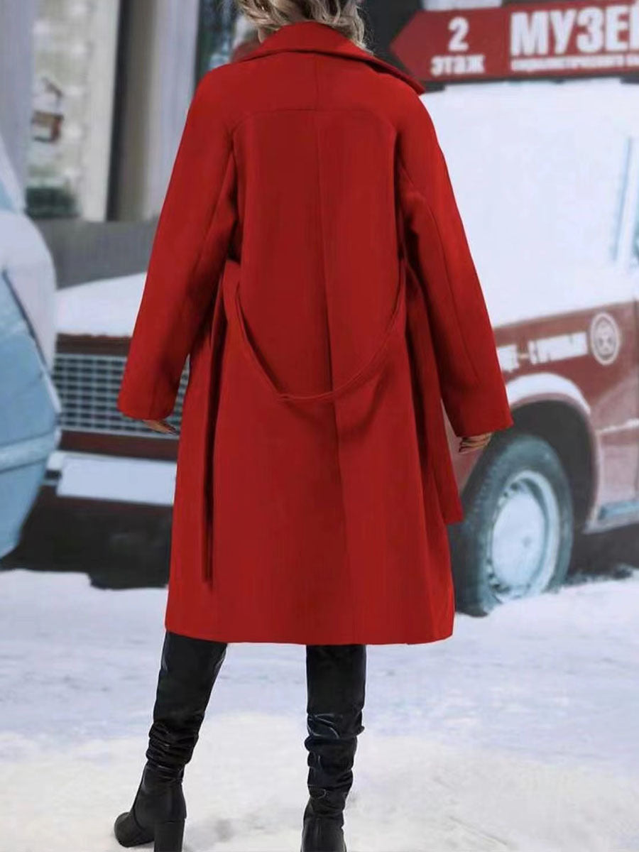 Long Overcoat Lapel Double-Breasted Trench Coat With Waist Belt
