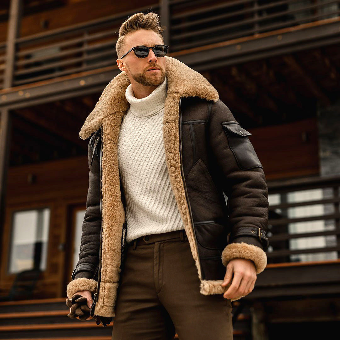 Winter Leather Jacket Military Fleece  Male With Fur Collar