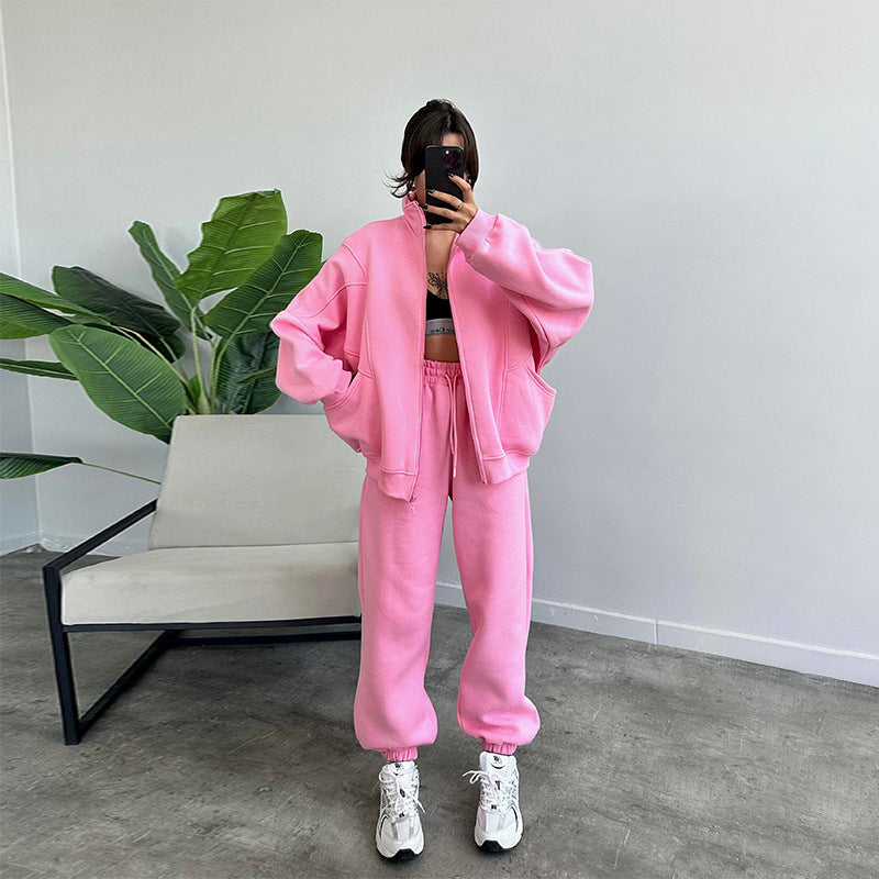Stan Up Collar Jogger Set With Zipper Cardigan And Drawstring Trousers