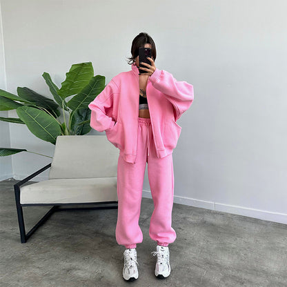 Stan Up Collar Jogger Set With Zipper Cardigan And Drawstring Trousers