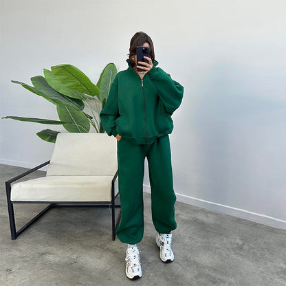 Stan Up Collar Jogger Set With Zipper Cardigan And Drawstring Trousers