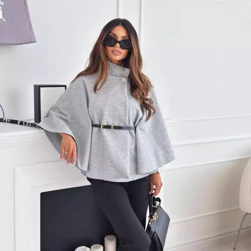 New Stand Collar Batwing Sleeves Cloak Top With Belt Woolen Sweater