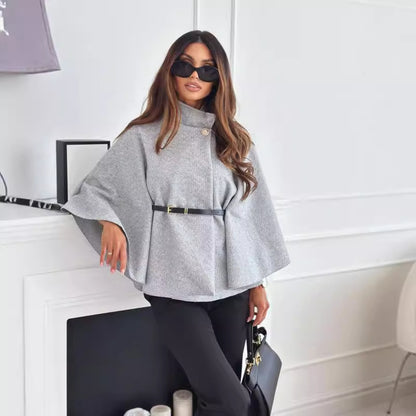 New Stand Collar Batwing Sleeves Cloak Top With Belt Woolen Sweater