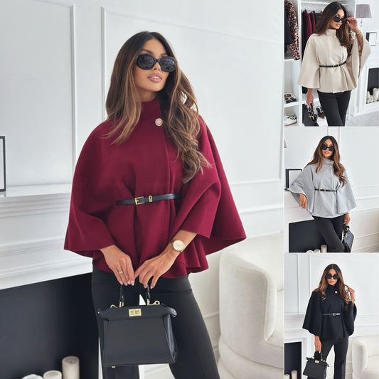 New Stand Collar Batwing Sleeves Cloak Top With Belt Woolen Sweater