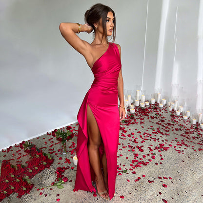 One shoulder With Open Backless High Slit Detail Silk Satin Maxi