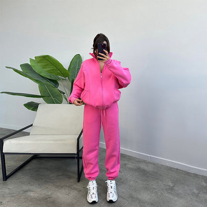 Stan Up Collar Jogger Set With Zipper Cardigan And Drawstring Trousers