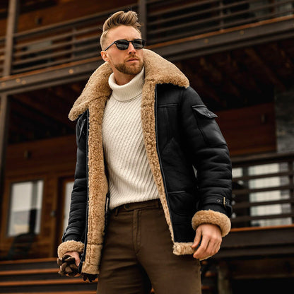 Winter Leather Jacket Military Fleece  Male With Fur Collar