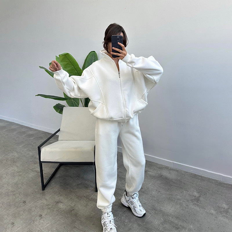 Stan Up Collar Jogger Set With Zipper Cardigan And Drawstring Trousers