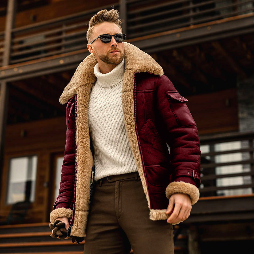 Winter Leather Jacket Military Fleece  Male With Fur Collar