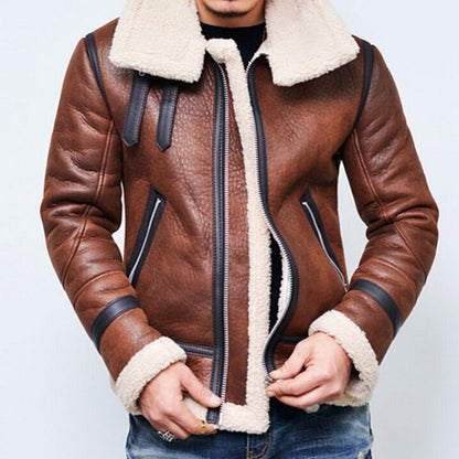 Highneck Warm Fur Liner Lapel Leather Zipper
