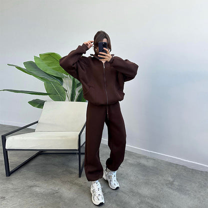 Stan Up Collar Jogger Set With Zipper Cardigan And Drawstring Trousers