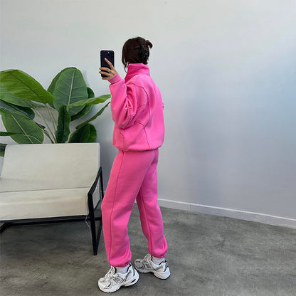 Stan Up Collar Jogger Set With Zipper Cardigan And Drawstring Trousers
