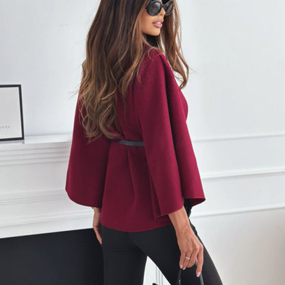 New Stand Collar Batwing Sleeves Cloak Top With Belt Woolen Sweater
