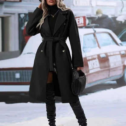 Long Overcoat Lapel Double-Breasted Trench Coat With Waist Belt
