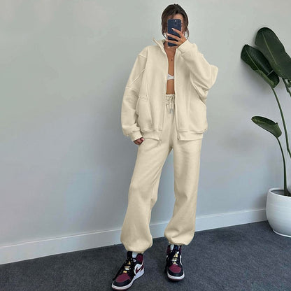 Stan Up Collar Jogger Set With Zipper Cardigan And Drawstring Trousers