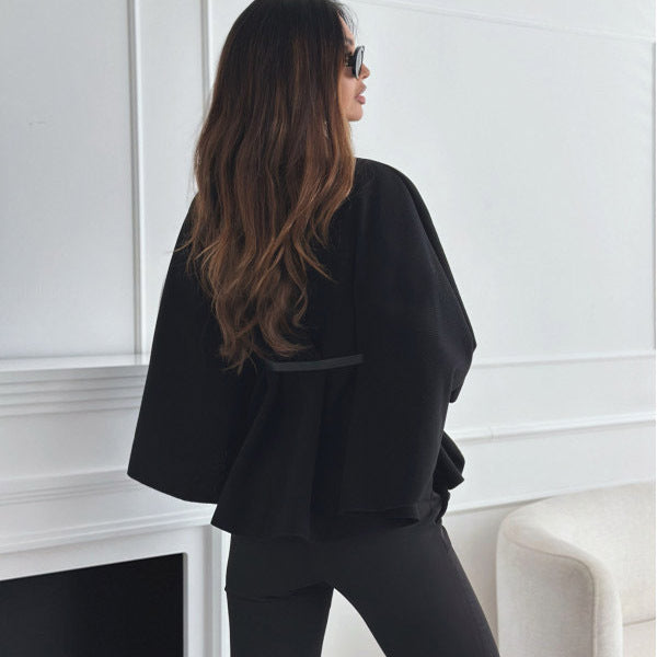 New Stand Collar Batwing Sleeves Cloak Top With Belt Woolen Sweater