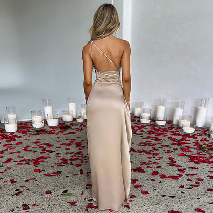 One shoulder With Open Backless High Slit Detail Silk Satin Maxi