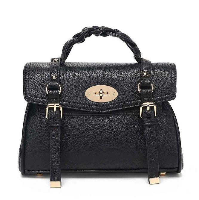 Classic Black Leather Satchel Bag with Lock