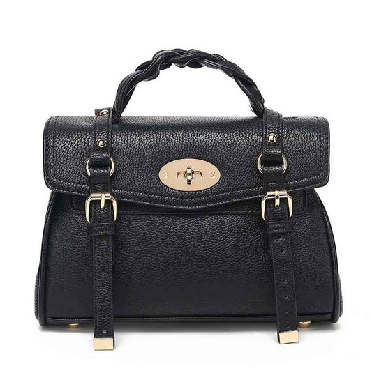 Classic Black Leather Satchel Bag with Lock