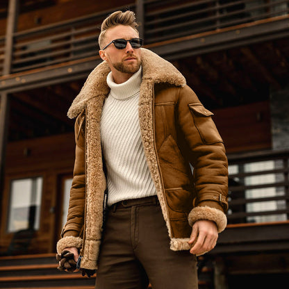 Winter Leather Jacket Military Fleece  Male With Fur Collar