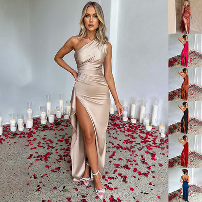 One shoulder With Open Backless High Slit Detail Silk Satin Maxi