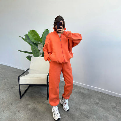 Stan Up Collar Jogger Set With Zipper Cardigan And Drawstring Trousers