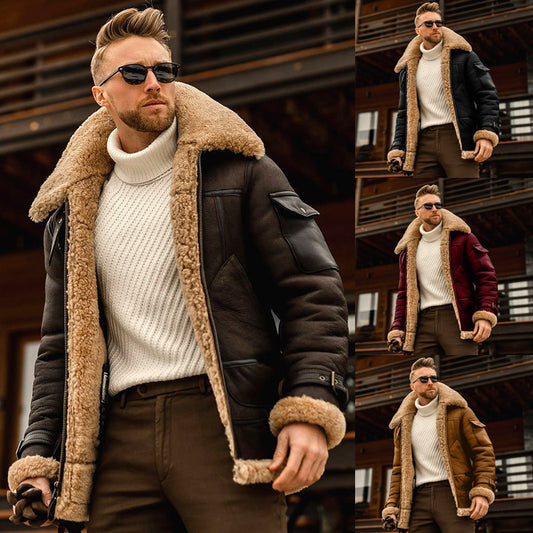 Winter Leather Jacket Military Fleece  Male With Fur Collar