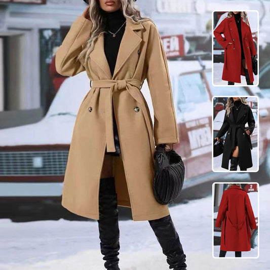 Long Overcoat Lapel Double-Breasted Trench Coat With Waist Belt