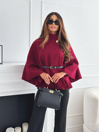 New Stand Collar Batwing Sleeves Cloak Top With Belt Woolen Sweater